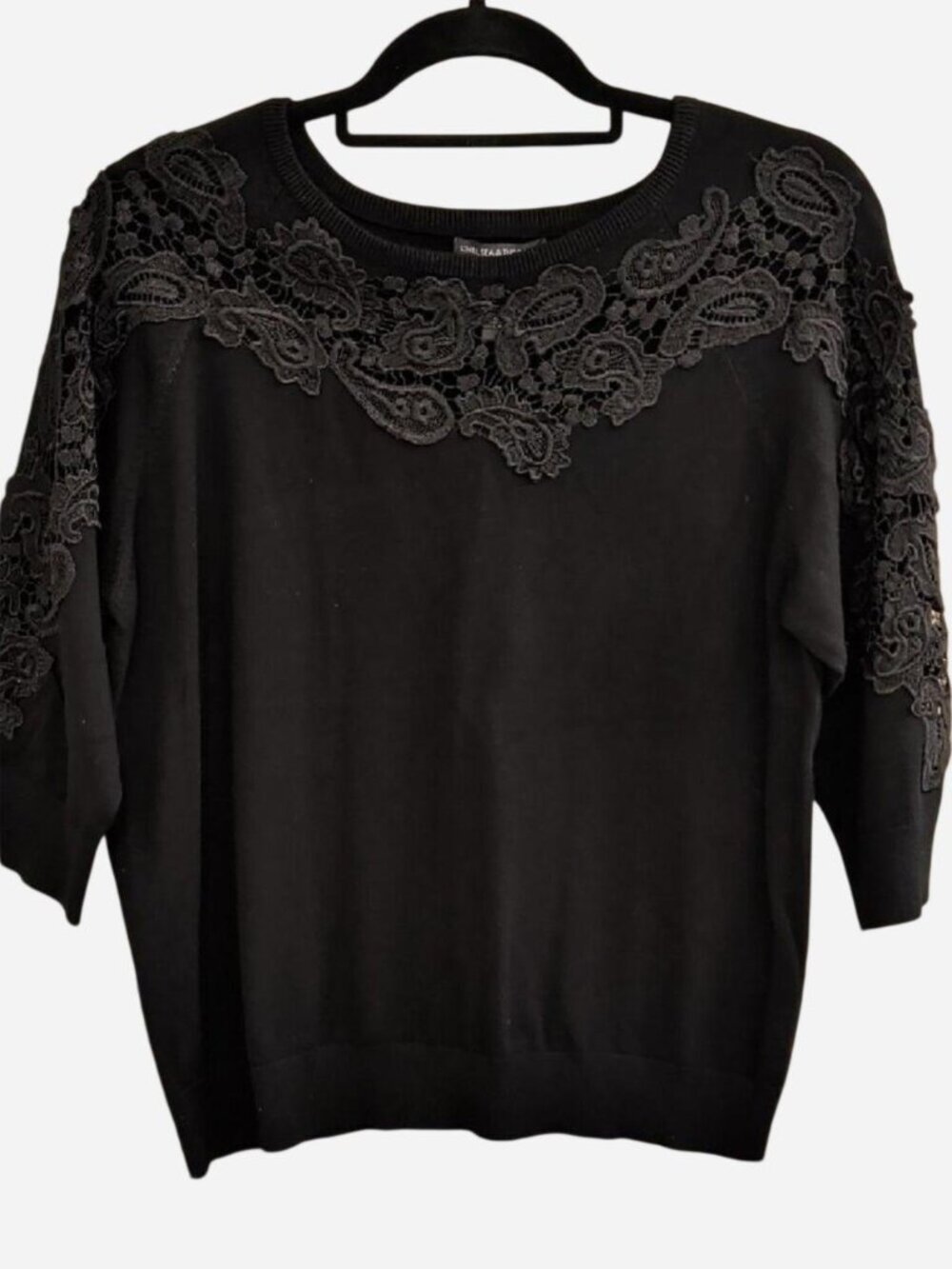 Chelsea & Theodore Black Lace Trim Sweater XL NWT 3/4 Sleeve Knit Top